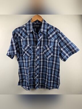 Wrangler Western Shirt Mens Large Blue Short Sleeve Button Up Pearl Snap